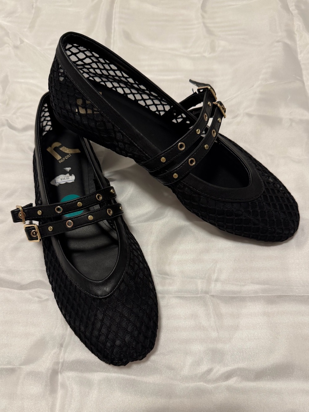 Women's Black Mesh Mary Jane Flats with Studded Double Straps